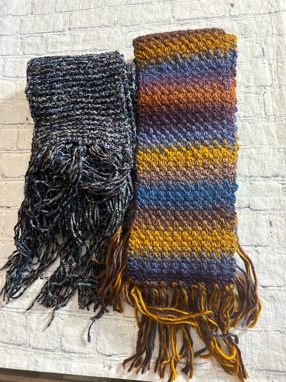 VINTAGE KNITTED WITH FRINGE (2) OBLONG BOHEMIAN SCARVES MULTI COLORED